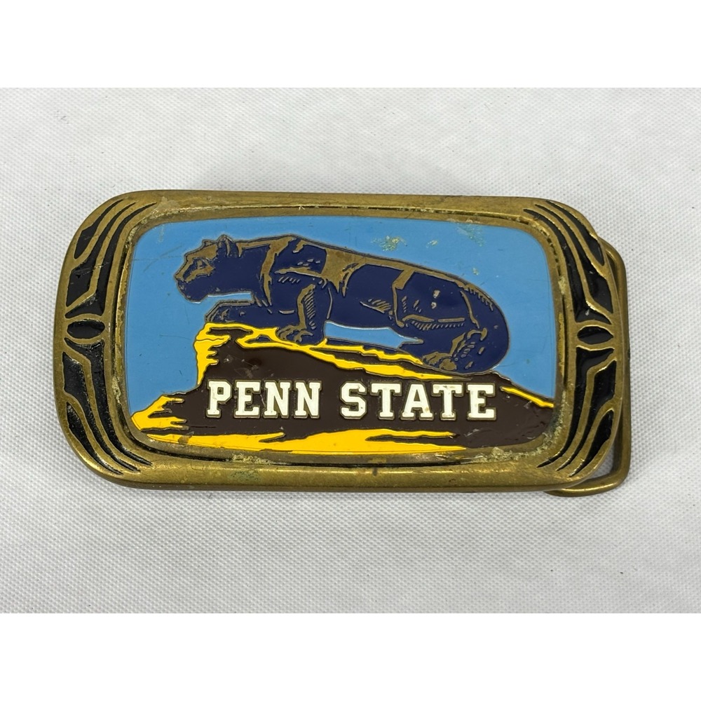 1983 Penn State Nittany Lions Belt Buckle Solid Brass Enamel Vintage PSU Men F08